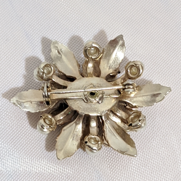 Vintage Gold & Blue RhinestonePearl Flower Brooch - Picture 2 of 3